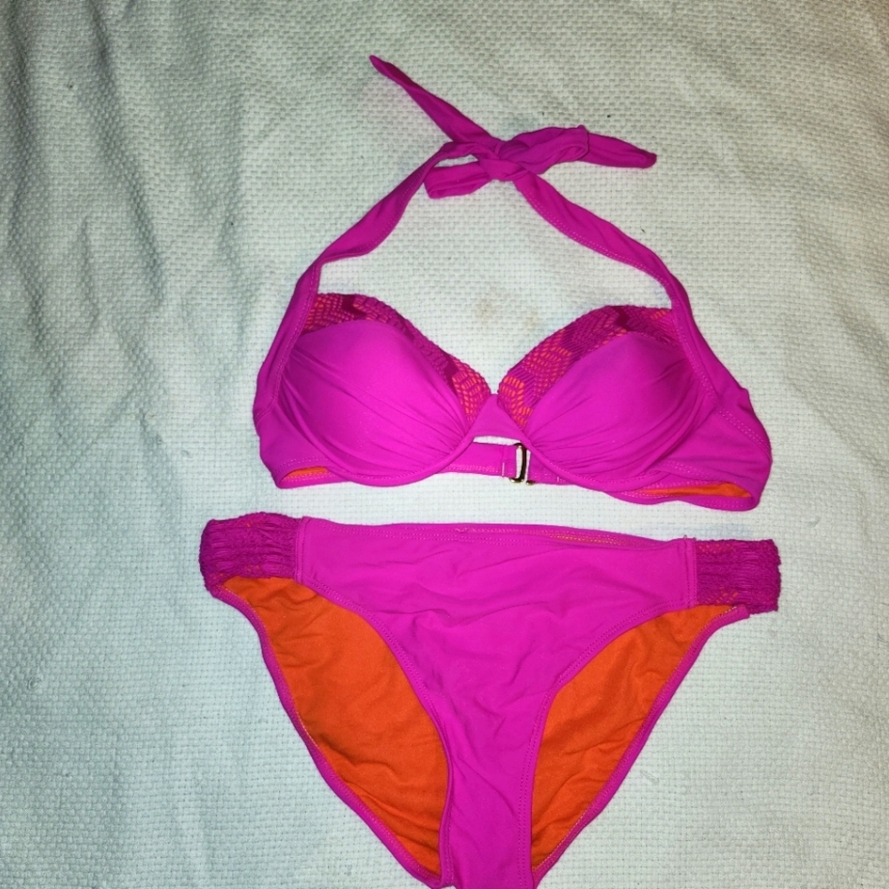 Mudd Vibrant Pink and Orange Bikini Set M Top and XL Bottom